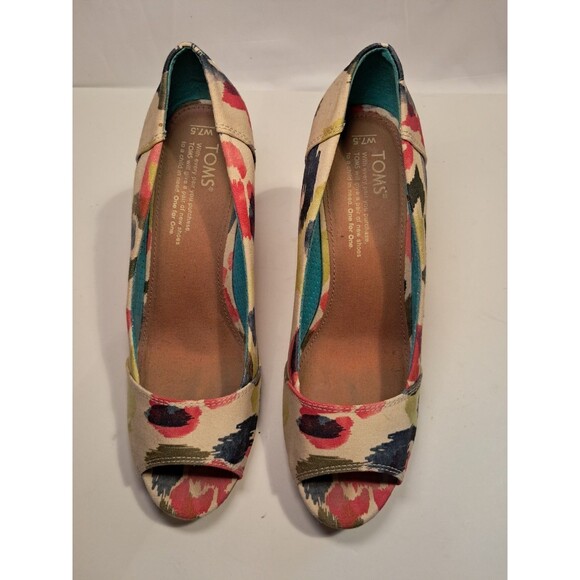 Toms Shoes Twill Wedge Cork 3" Heel Peep Toe Slip On Sandals Multicolor Size 7.5 - Picture 3 of 9